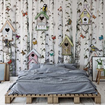 Papel de parede Birch Trees And Birdhouses Vintage Chic