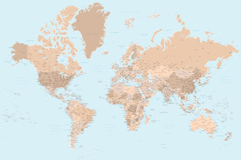 Papel de parede Blue and brown detailed world map with cities