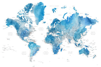 Papel de parede Blue watercolor world map with cities, Raleigh