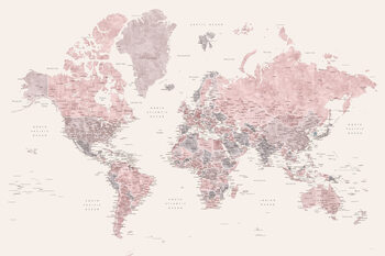 Papel de parede Detailed watercolor world map in dusty pink and cream, Madelia