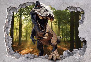 Papel de parede Dinosaur 3D Jumping Out Of Hole In Wall