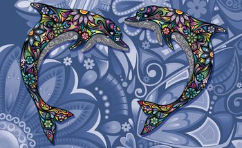 Papel de parede Dolphins Flowers Abstract Colours