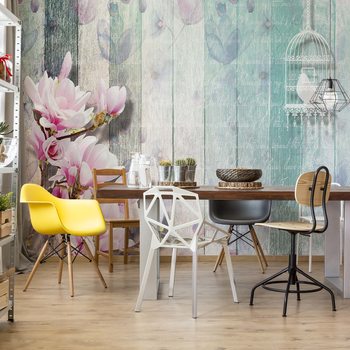 Papel de parede Flowers Vintage Script Rustic Painted Wood Planks