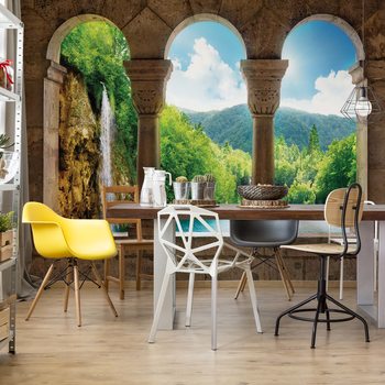 Papel de parede Lake Waterfall View Through Stone Arches