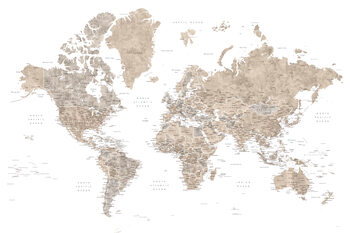 Papel de parede Neutral watercolor detailed world map with cities, Abey