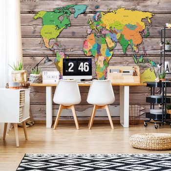 Papel de parede Political World Map On Wood Background