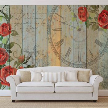 Papel de parede Roses Clock Wood Planks Vintage