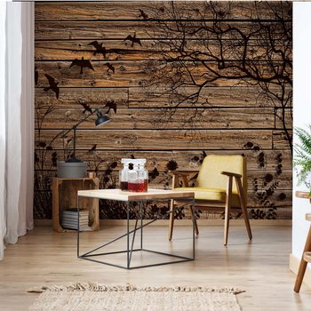 Papel de parede Rustic Birds And Tree Silhouette Wood Plank Texture