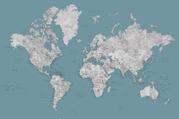 Papel de parede Teal and grey detailed watercolor world map with cities, Urian