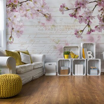 Papel de parede Vintage Chic Cherry Blossom Wood Planks