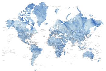 Papel de parede Watercolor world map with cities in muted blue, Vance