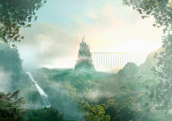 Наклейка Distant castle near waterfall