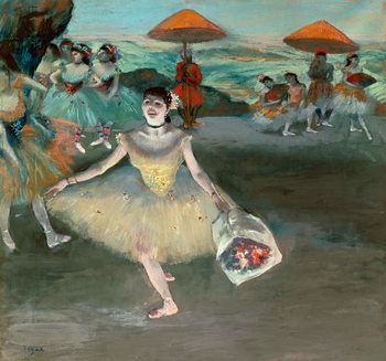 Dancer with bouquet, curtseying, 1877 Taidejuliste