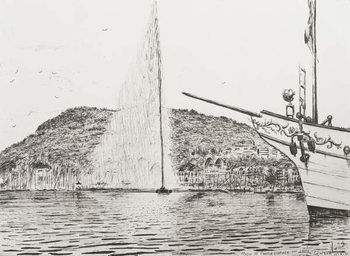 Geneva fountain and bow of pleasure cruiser, 2011, Taidejuliste