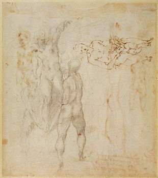 Male group and seated figure with child Taidejuliste