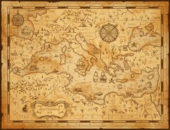 Poster Old vintage map of Mediterranean sea, pirate sail