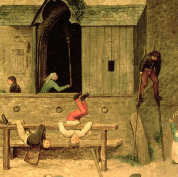 Fine Art Print Children's Games (Kinderspiele): detail of a boy on stilts and children playing in the stocks, 1560 (oil on panel)
