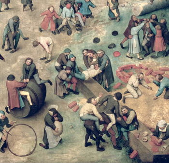 Fine Art Print Children's Games (Kinderspiele): detail of bottom right-hand corner depicting children playing with bricks, hoops and a barrel, 1560 (oil on panel)