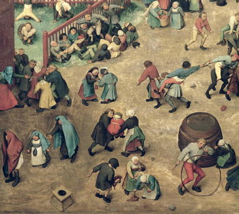 Fine Art Print Children's Games (Kinderspiele): detail of left-hand section showing children bowling hoops, doing handstands, playing with a hobby-horse and other games, 1560 (oil on panel)
