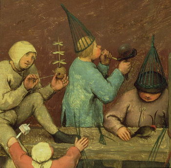 Fine Art Print Children's Games (Kinderspiele): detail of left-hand section showing children making toys and blowing bubbles, 1560 (oil on panel)