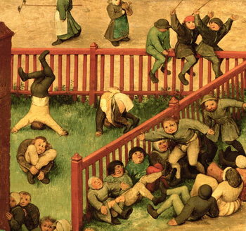 Fine Art Print Children's Games (Kinderspiele): detail of left-hand section showing children running the gauntlet, doing gymnastics and balancing on a fence, 1560 (oil on panel)
