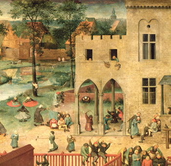 Fine Art Print Children's Games (Kinderspiele): detail of top left-hand corner showing children spinning tops and playing bowls, 1560 (oil on panel)