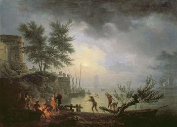 Fine Art Print  Sunrise, A Coastal Scene with Figures around a Fire, 1760