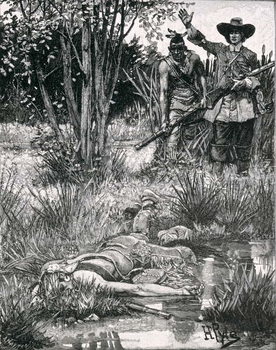 Fine Art Print  The Death of King Philip, engraved by A. Hayman, from Harper's Magazine, 1883