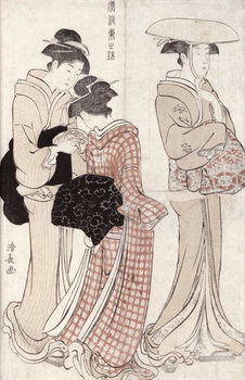 Fine Art Print Young woman wearing a wide straw hat, followed by a servant and a companion carrying a 'furoshiki', from the series 'Fuzoku Azuma no nishiki' (The Fashionable Beauties of Edo) 1783