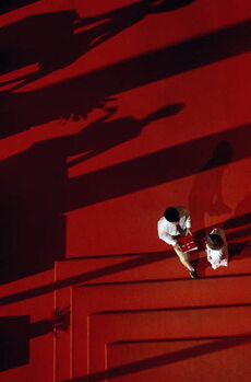 Juliste Executives conferring in lobby, shadows and stairs