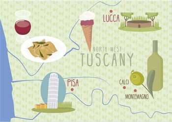 Juliste Map of Lucca and Pisa, Tuscany, Italy
