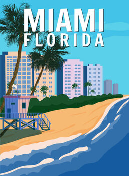 Juliste Miami Beach City Skyline, Retro Poster.