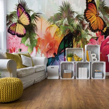 Butterflies Palms Flowers Modern Tropical Valokuvatapetti