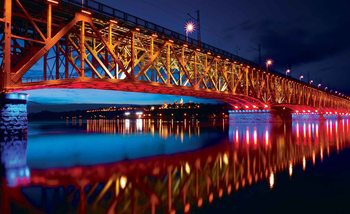 City Skyline Bridge Reflection Night Valokuvatapetti