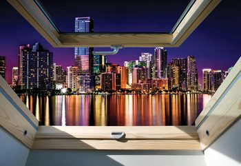 City Skyline Night 3D Skylight Window View Valokuvatapetti