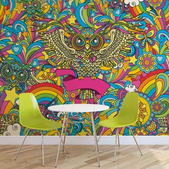 Colorful Owls Stars Rainbow Flowers Valokuvatapetti