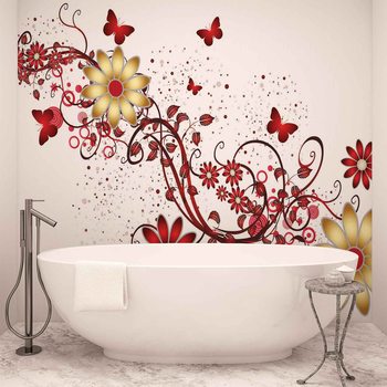 Flowers Butterflies Pattern Red Valokuvatapetti