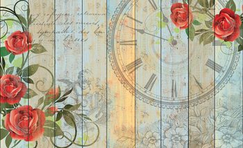 Roses Clock Wood Planks Vintage Valokuvatapetti