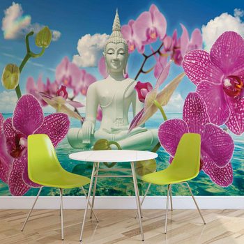 Zen Flowers Orchids Buddha Water Sky Valokuvatapetti
