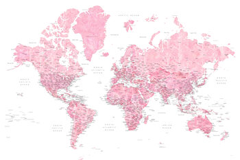 Map Detailed pink watercolor world map, Damla