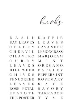 Canvas Print List of herbs typography art
