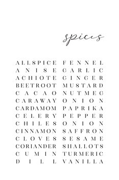Canvas Print List of spices typography art