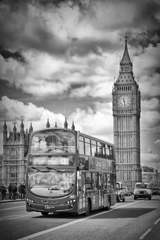 Illustration LONDON Monochrome Houses of Parliament and traffic