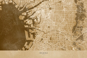 Kartta Map of Osaka, Japan, in sepia vintage style