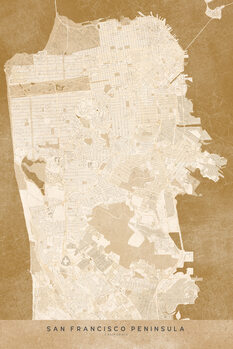 Kartta Map of San Francisco Peninsula in sepia vintage style