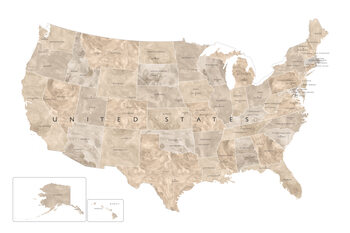 Kartta Neutral watercolor map of the US with state capitals