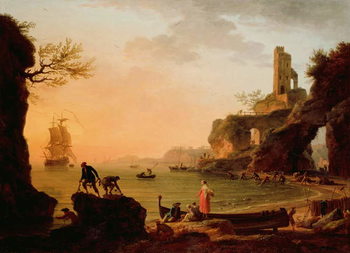 Reprodução do quadro Sunset, Fishermen Pulling in Their Nets, 1760