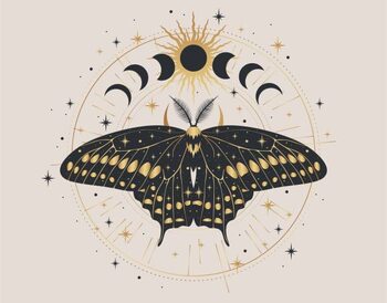 Sticker Mystic gold moth isolated vector illustration.