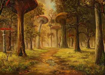 Тениска Oil Painting of Mushroom Forest During Rain