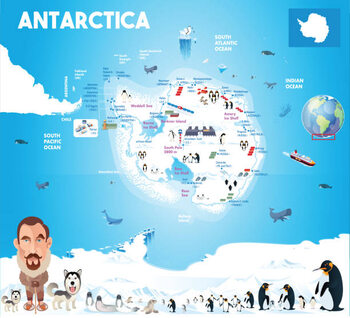 Plakat Map of Antarctica with Penguins and